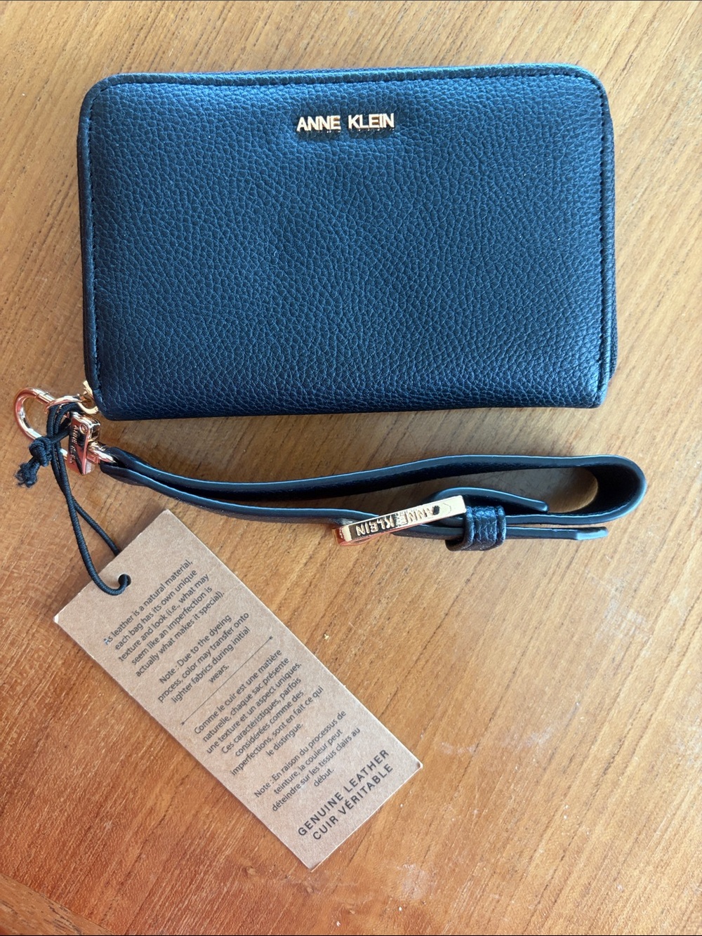 Anne Klein Black Pebbled Leather Zip Wristlet with Gold Hardware